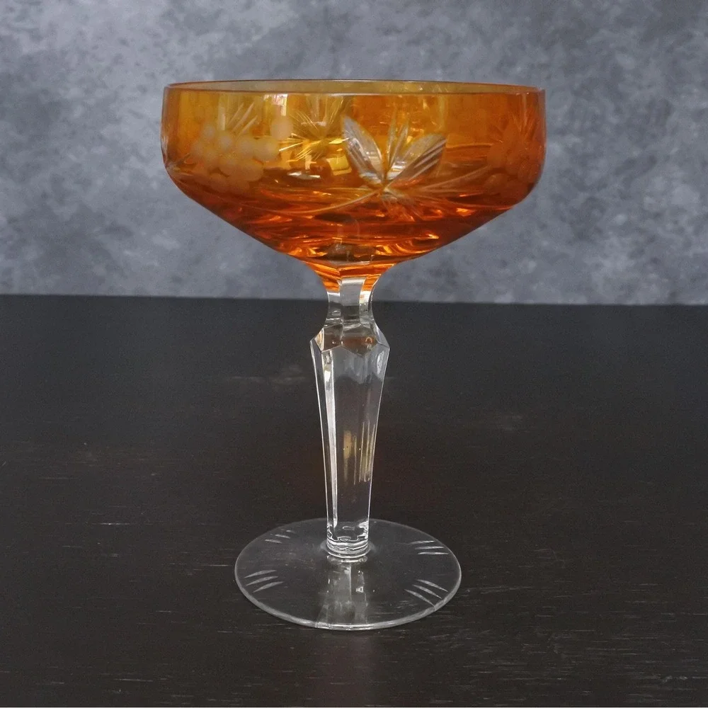 Vintage Crystal Cut To Clear Colorful Champagne Coupe Glasses Set